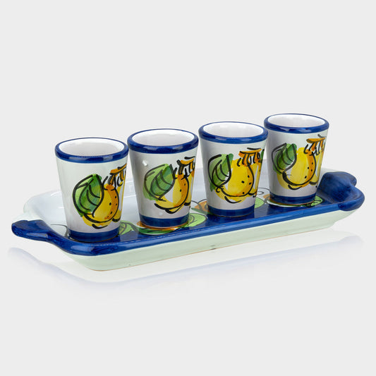 Limoncello Ceramic Glasses and Ceramic Tray, Hand-Painted Set of 4